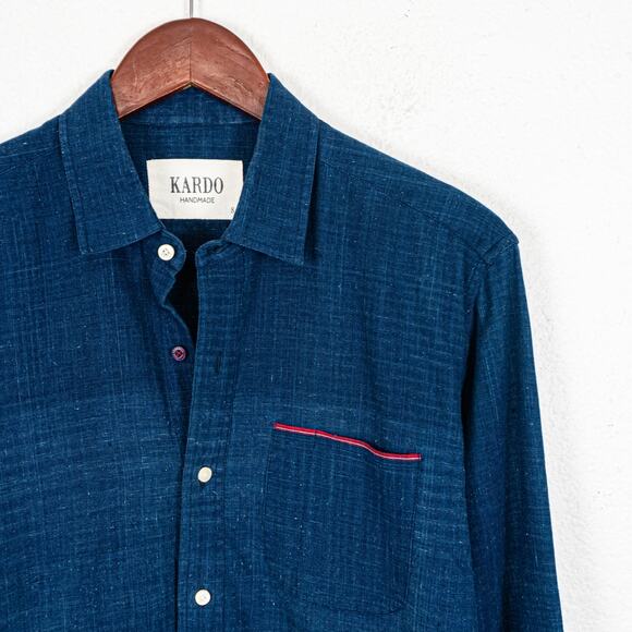 KARDO Men's Button up Shirt Indigo blue Cotton size Small Handmande - Picture 3 of 8